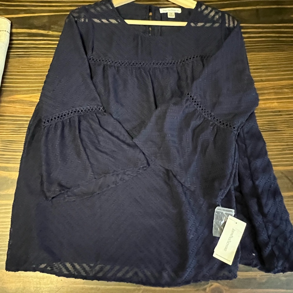 JohnPaulRichard Navy Blouse with Lace Accents